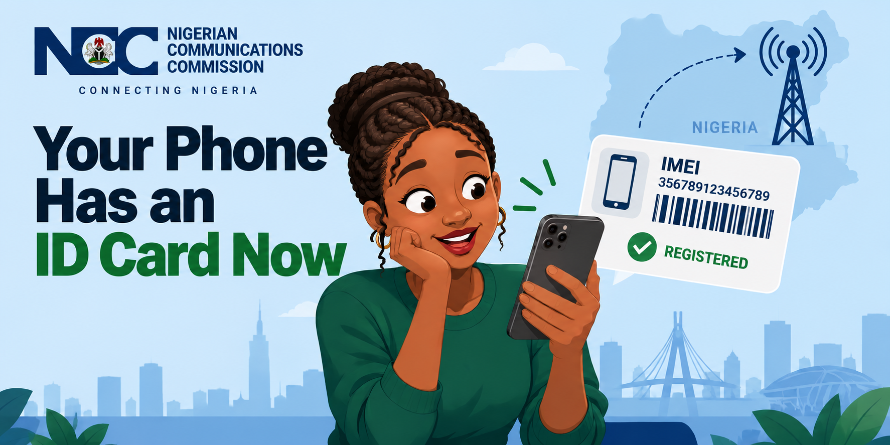 Illustration of a woman holding a phone beside a registered IMEI card and the words Your Phone Has an ID Card Now.