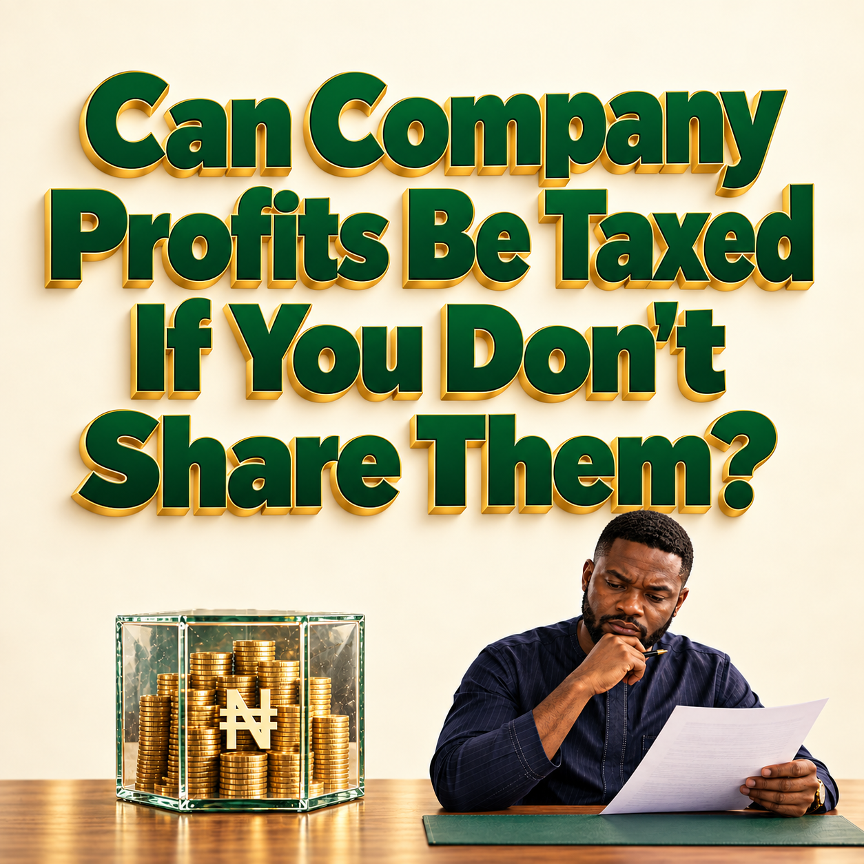 Can Company Profits Be Taxed If You Don't Share Them? Green and gold headline above a Nigerian business owner and naira coins.