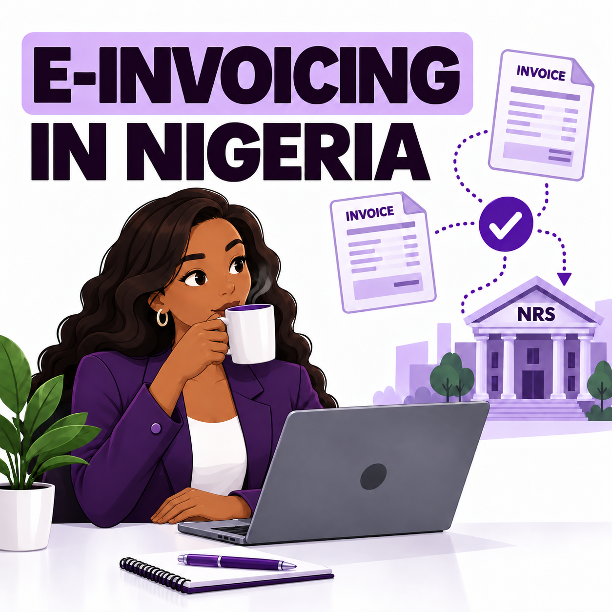 E-invoicing in Nigeria: illustrated businesswoman sipping tea at a laptop as digital invoices connect to the NRS.
