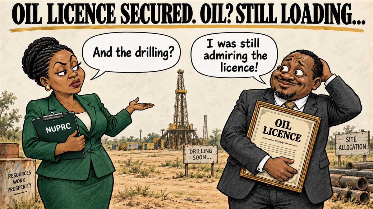Newspaper cartoon of a NUPRC official asking an oil licence holder about drilling while he admires his framed licence.