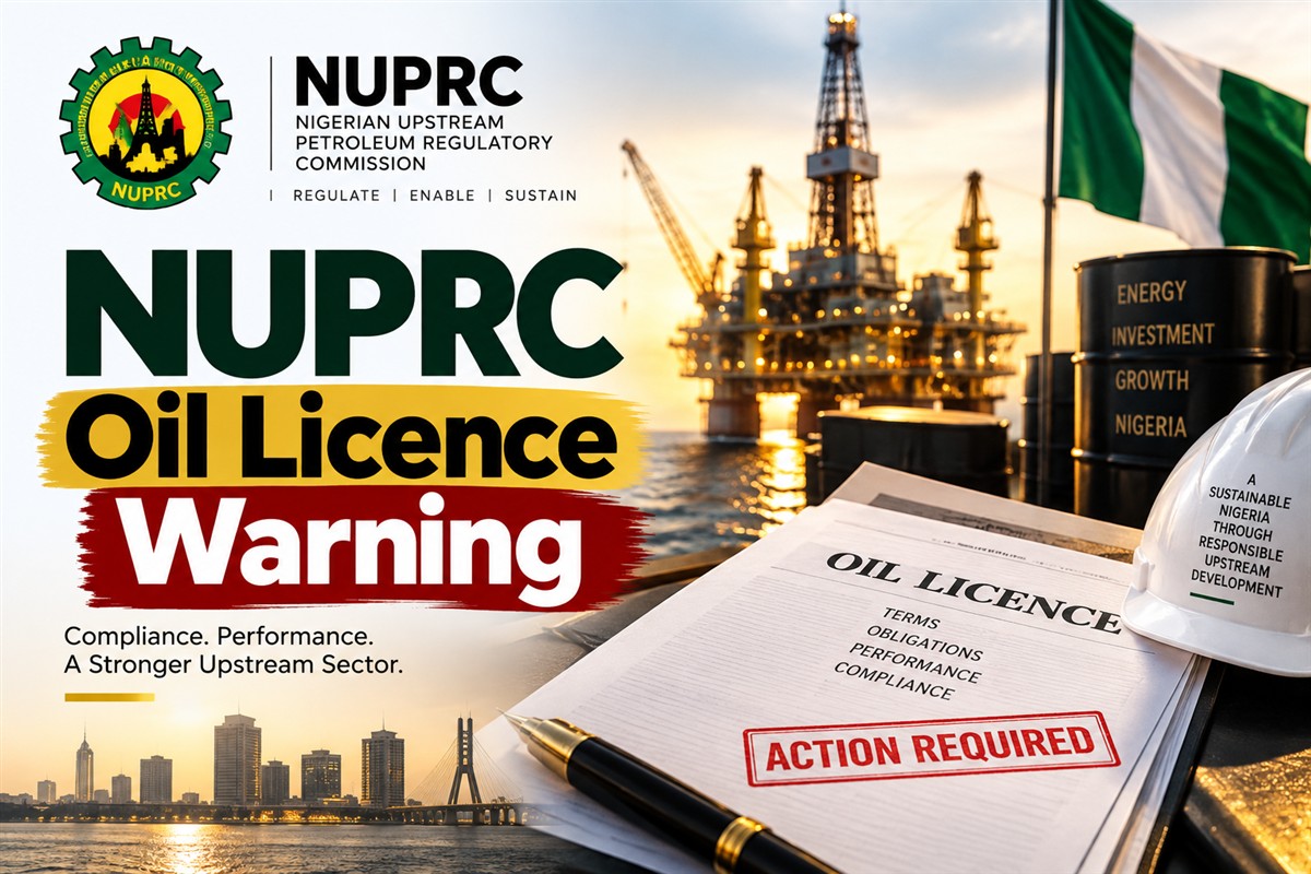 NUPRC oil licence warning graphic showing an offshore oil rig, Nigerian flag and licence document stamped Action Required.