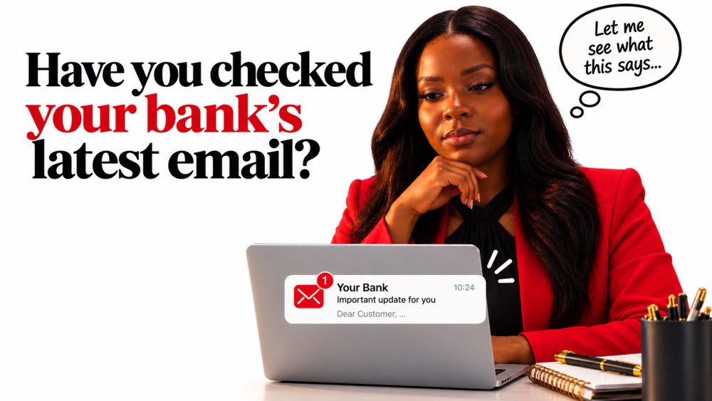 Woman reading a bank email beside the headline Have you checked your bank’s latest email?