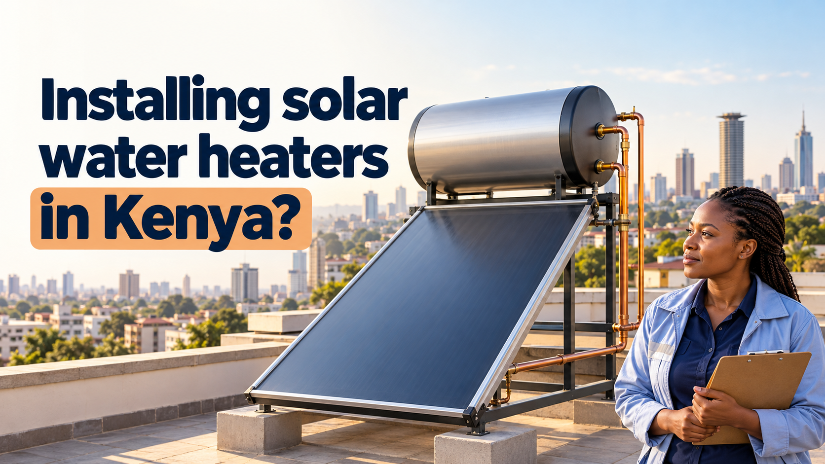 Solar water heater with a storage tank and collector beside an engineer, with the question: Installing solar water heaters in Kenya?